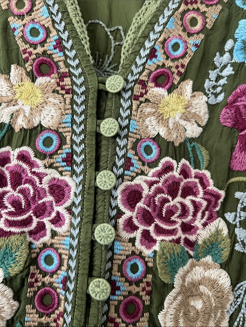 NWOT Johnny Was Olive Green Embroidered Floral Button-Front Blouse size XL - Picture 2 of 12